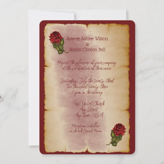 Rode mousserende Rozen op goudkleurige bijbelpagin Kaart (Achterkant)