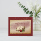 Rode mousserende Rozen op goudkleurige bijbelpagin RSVP Kaartje (Staand voorkant)