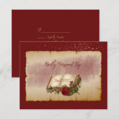 Rode mousserende Rozen op goudkleurige bijbelpagin RSVP Kaartje (Voorkant / Achterkant)