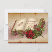 Rode mousserende Rozen op goudkleurige bijbelpagin RSVP Kaartje (Voorkant)