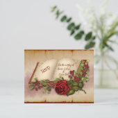 Rode mousserende Rozen op goudkleurige bijbelpagin RSVP Kaartje (Staand voorkant)