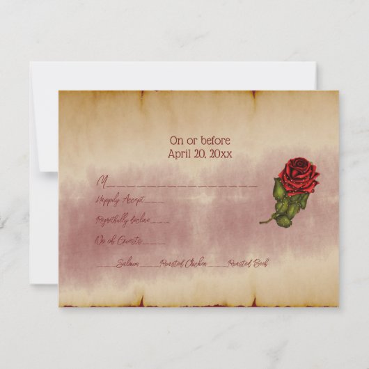 Rode mousserende Rozen op goudkleurige bijbelpagin RSVP Kaartje (Achterkant)