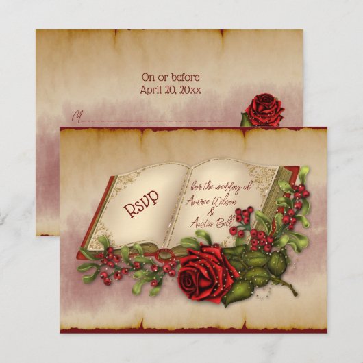 Rode mousserende Rozen op goudkleurige bijbelpagin RSVP Kaartje (Voorkant / Achterkant)
