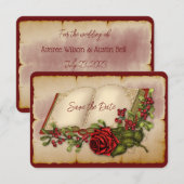 Rode mousserende Rozen op goudkleurige bijbelpagin Save The Date (Voorkant / Achterkant)