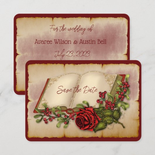 Rode mousserende Rozen op goudkleurige bijbelpagin Save The Date (Voorkant / Achterkant)