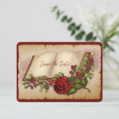 Rode mousserende Rozen op goudkleurige bijbelpagin Save The Date (Staand voorkant)