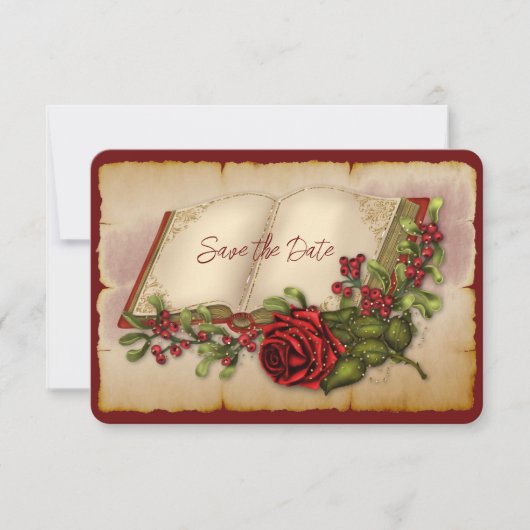 Rode mousserende Rozen op goudkleurige bijbelpagin Save The Date (Voorkant)