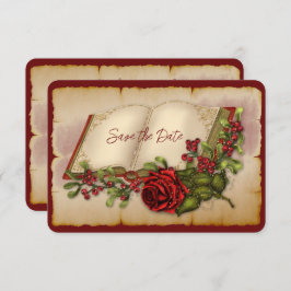 Rode mousserende Rozen op goudkleurige bijbelpagin Save The Date