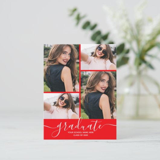 Rode Multi Foto Afstudeerfeest uitnodiging (Staand voorkant)