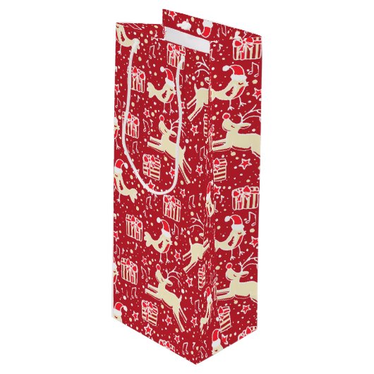 Rode muzikale vogel & rendier Kerstcadeauzak Wijn Cadeautas (Voorkant Gekanteld)