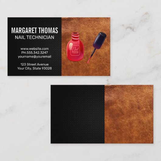 Rode nagellakfles en kwast | Leer Visitekaartje (Voorkant / Achterkant)