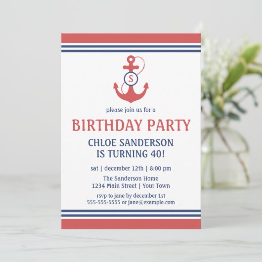 Rode Nautical Birthday Party Invitations with Anch Kaart (Staand voorkant)