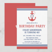 Rode Nautical Birthday Party Invitations with Anch Kaart (Voorkant / Achterkant)