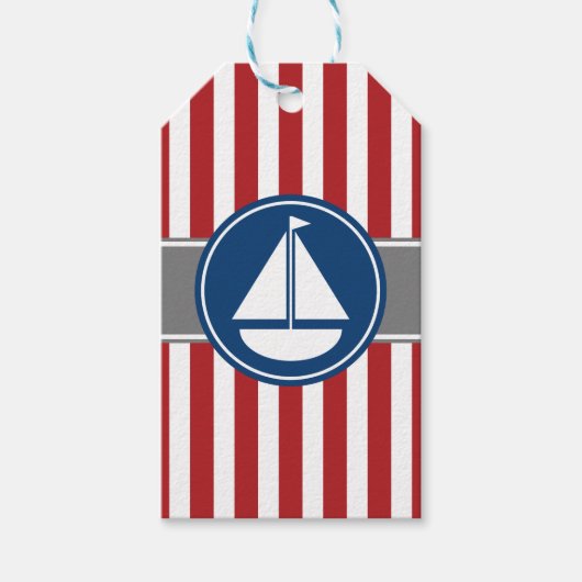 Rode Nautical Sailboat Stripes Cadeaulabel (Voorkant)