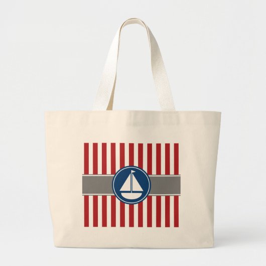 Rode Nautical Sailboat Stripes Grote Tote Bag (Voorkant)
