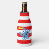 Rode nautische streep frisbee krab gepersonaliseer flesjeskoeler (Fles Voorkant)