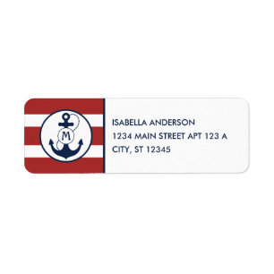 Rode Nautische strips met anker monogram Etiket