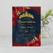 Rode Navy Bloemen Quinceanera Folie Uitnodiging (Staand Voorkant)