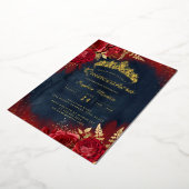 Rode Navy Bloemen Quinceanera Folie Uitnodiging (Gedraaid)