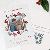 Rode & Navy Winter Berries Foto & QR Code Bruiloft Save The Date