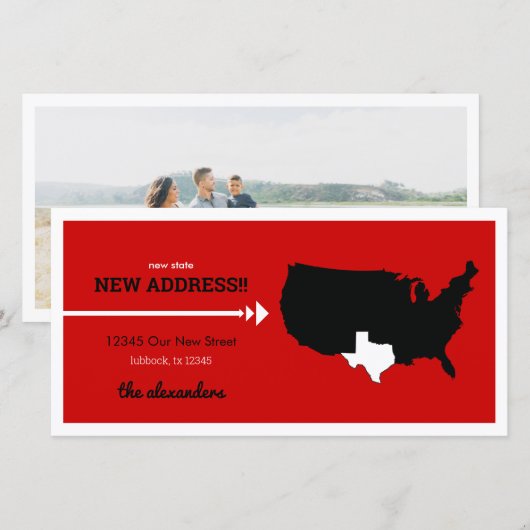 Rode nieuwe staat, nieuw adres! Texas verplaatsen (Voorkant / Achterkant)