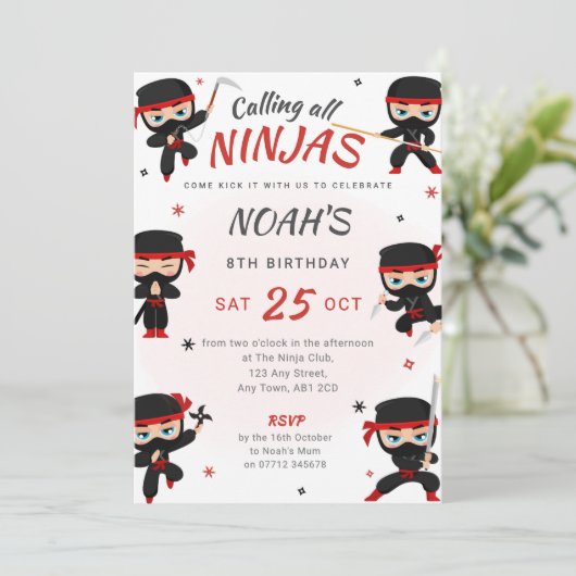 Rode Ninja Verjaardag Uitnodiging - Karate Party (Staand voorkant)