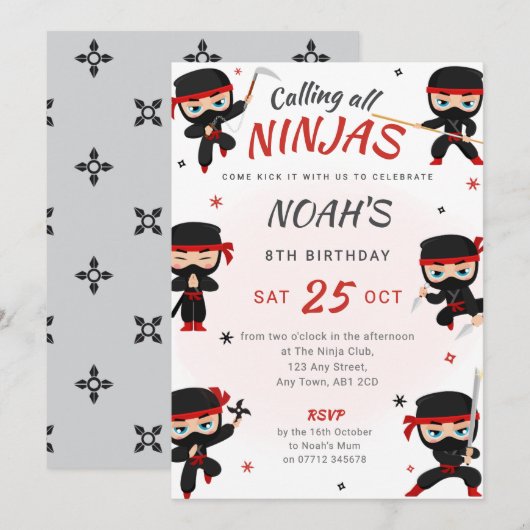 Rode Ninja Verjaardag Uitnodiging - Karate Party (Voorkant / Achterkant)