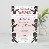 Rode Ninja Verjaardag Uitnodiging - Kom kick it pa (Staand voorkant)