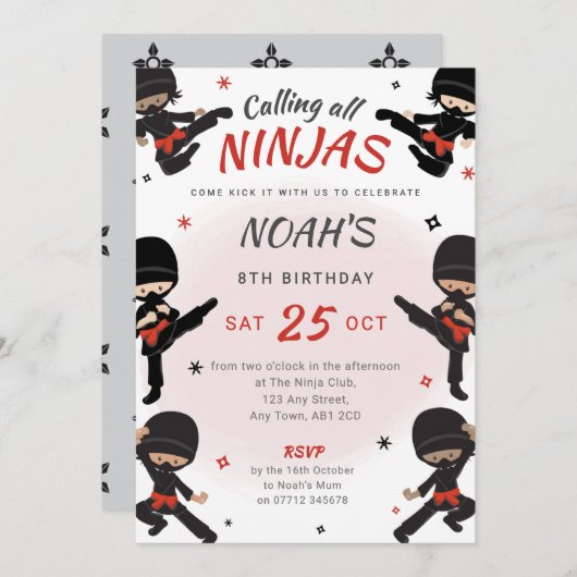 Rode Ninja Verjaardag Uitnodiging - Kom kick it pa (Voorkant / Achterkant)