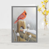 Rode Noordelijke Kardinaalvogel op Hek Waterverf K Kaart (Gele Bloem)