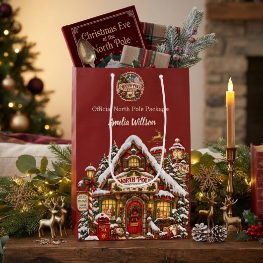 Rode Noordpoolpost met aangepaste naam Kerstmis Medium Cadeauzakje