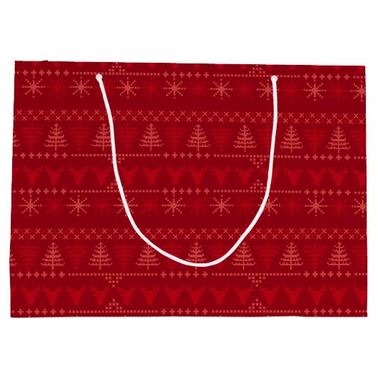 Rode Nordic Pattern Kerstcadeau Tas – Groot Cadeauzakje (Achterkant)