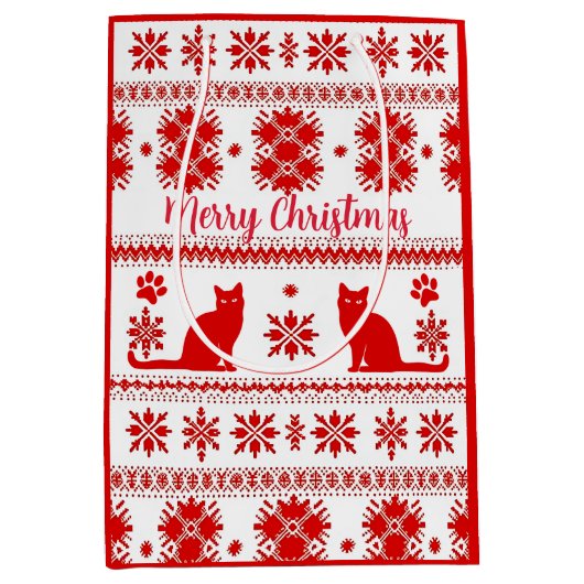 Rode Nordic Zittende Kat Kerstmis Medium Cadeauzakje (Voorkant)