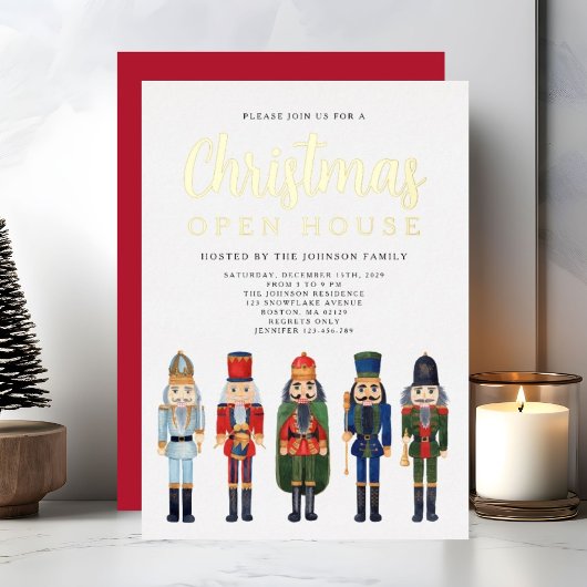 Rode Notenkraker Kerst Open Huis Goud Folie Uitnodiging