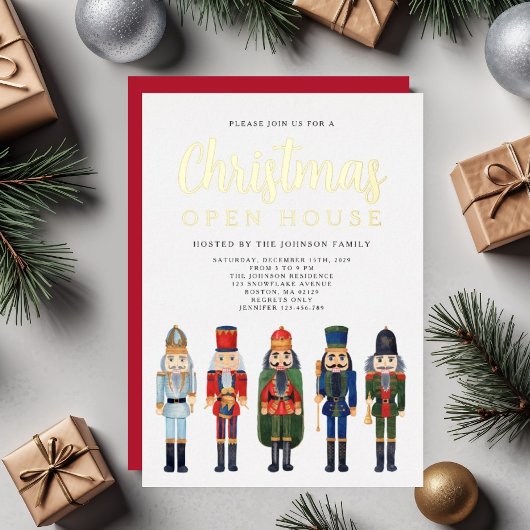 Rode Notenkraker Kerst Open Huis Goud Folie Uitnodiging