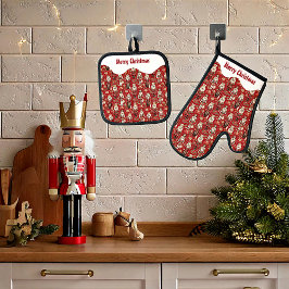 Rode notenkrakers patroon Kerstmis Ovenwant & Pannenlap Set