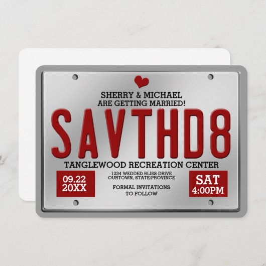 Rode nummerplaat Save the Date-aankondigingen Save The Date (Voorkant / Achterkant)