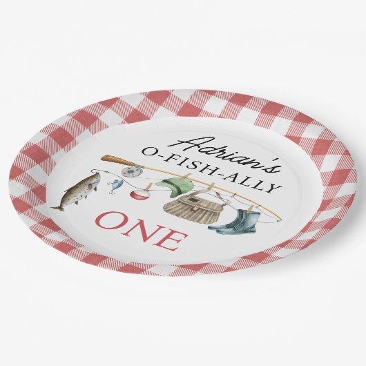 rode O-Fish-Ally Een 1e Verjaardag Papieren Bordje (Gekanteld)