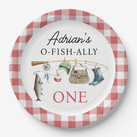 rode O-Fish-Ally Een 1e Verjaardag Papieren Bordje (Voorkant)