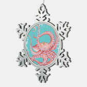Rode octopus Blauwgroen gekleurd glas Tin Sneeuwvlok Ornament (Rechts)