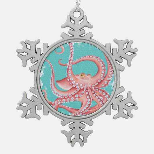 Rode octopus Blauwgroen gekleurd glas Tin Sneeuwvlok Ornament (Voorkant)