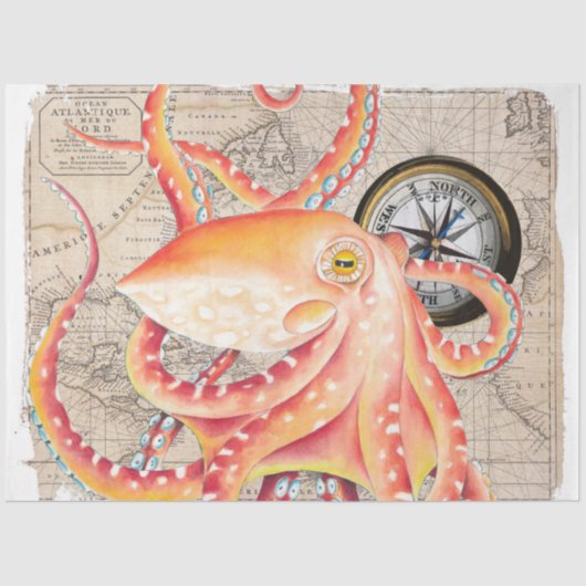 Rode octopus compass beige  kaart Nautisch Tissuepapier (Voorkant)