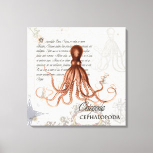  rode octopus illustratie Nautical Map Canvas Afdruk