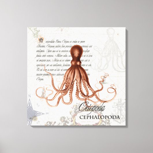  rode octopus illustratie Nautical Map Canvas Afdruk (Voorkant)