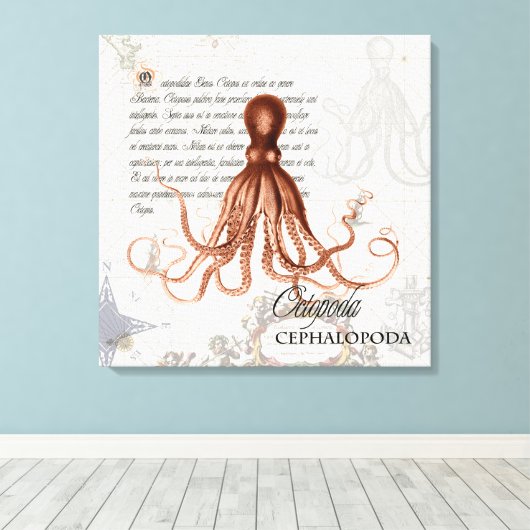 rode octopus illustratie Nautical Map Canvas Afdruk (Insitu (Houten vloer))