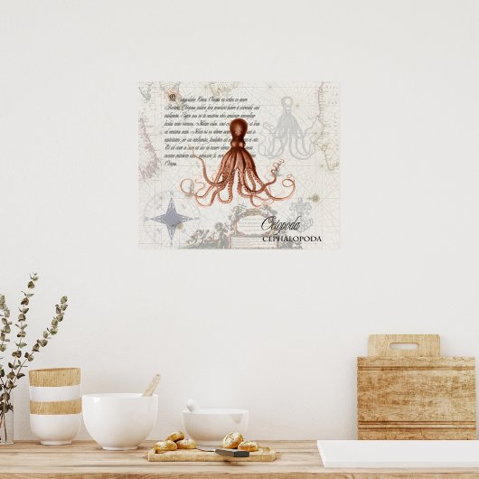  rode octopus illustratie Nautical Map Poster (Keuken)