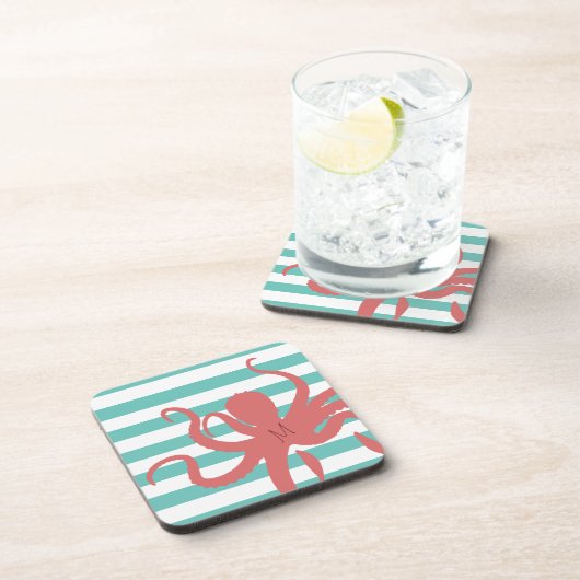 Rode octopus modern strand, wit blauwgroen gestree bier onderzetter (Rechterzijde)