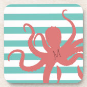 Rode octopus modern strand, wit blauwgroen gestree bier onderzetter (Voorkant)