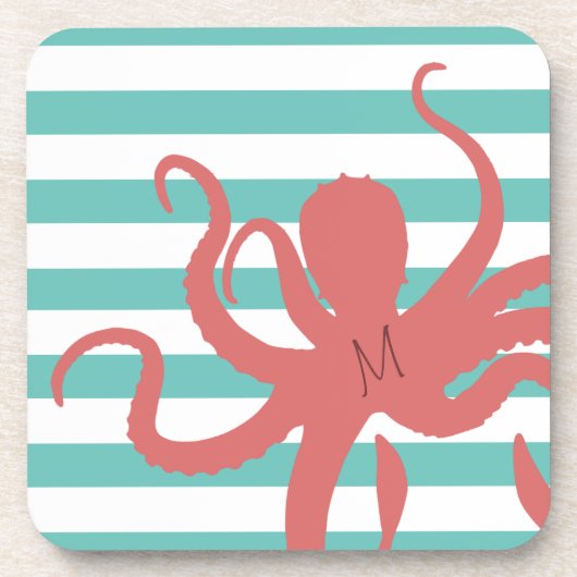 Rode octopus modern strand, wit blauwgroen gestree bier onderzetter (Voorkant)