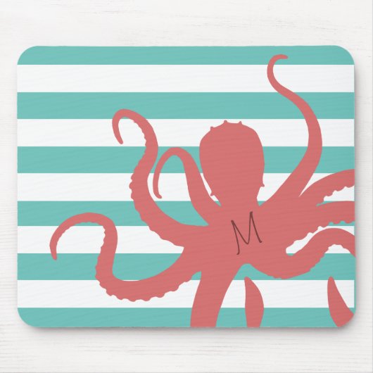 Rode octopus modern strand, wit blauwgroen gestree muismat (Voorkant)